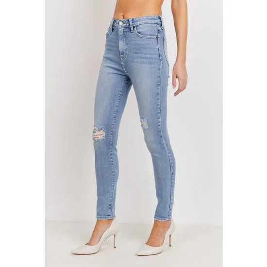 Light Denim Ankle Skinny with Distressed Knees
