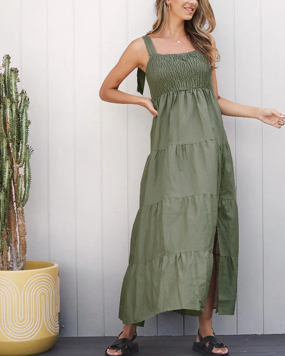 'Lilliana' Linen Maternity Dress - Olive Green