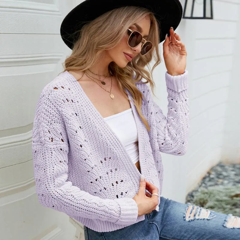 Long Sleeves Outer Match Knitwear Solid Color Hollow Out Sweater Cardigan