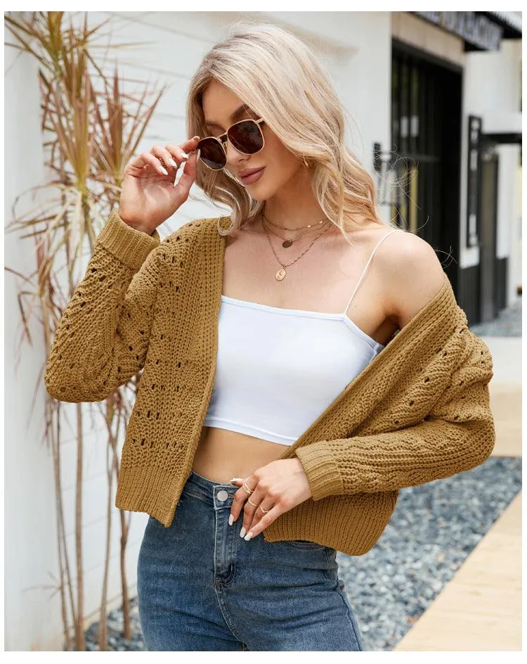 Long Sleeves Outer Match Knitwear Solid Color Hollow Out Sweater Cardigan