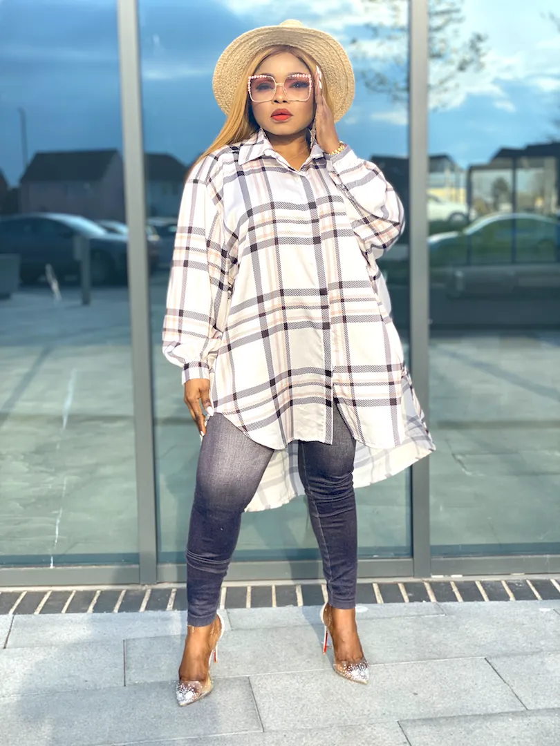 Loose Fit Checkers Shirt Dress- Nude