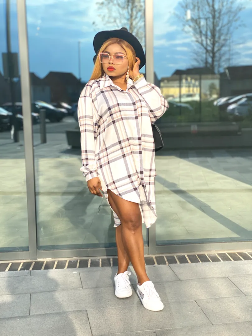 Loose Fit Checkers Shirt Dress- Nude