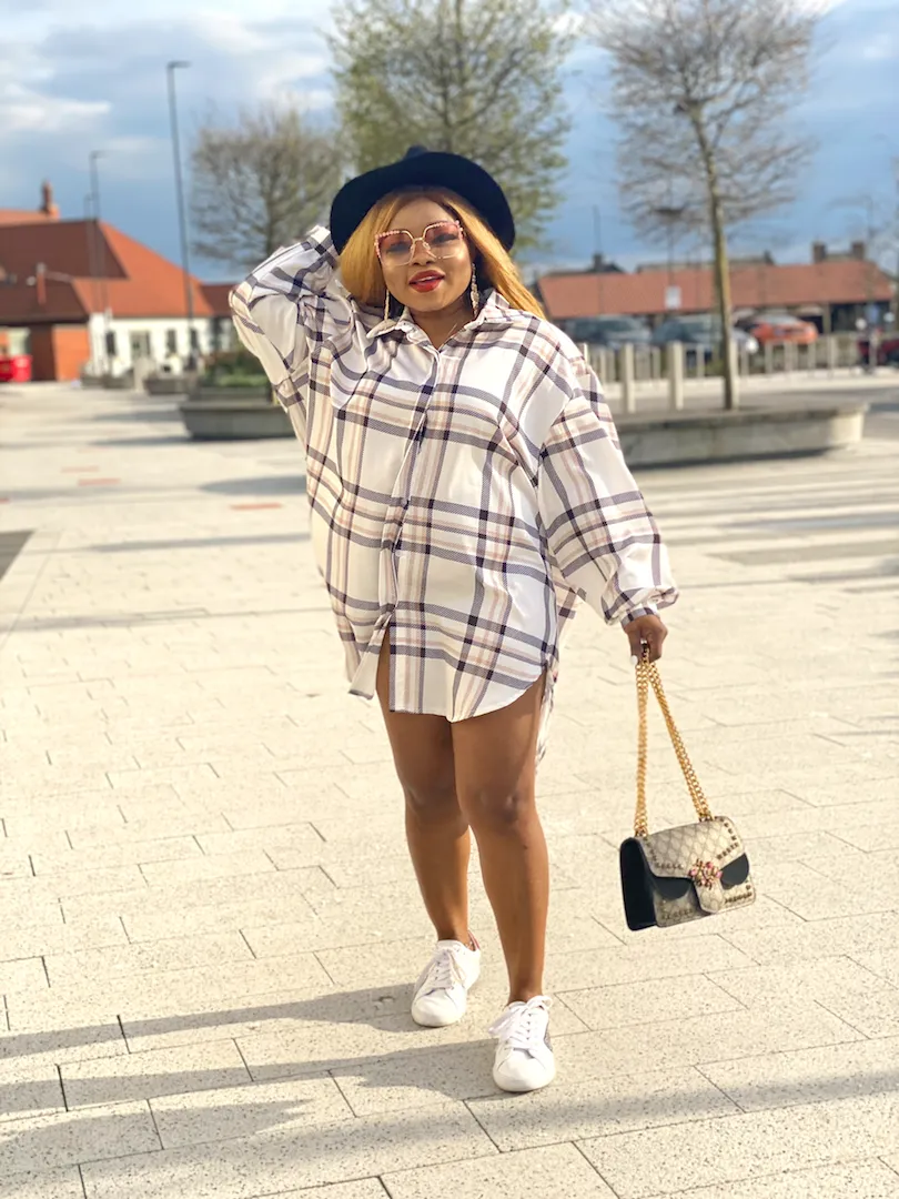 Loose Fit Checkers Shirt Dress- Nude