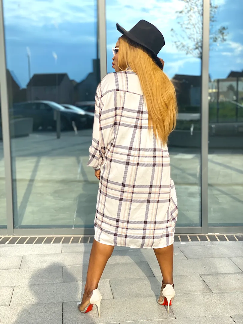 Loose Fit Checkers Shirt Dress- Nude