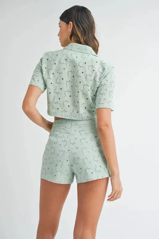MABLE Eyelet Short Sleeve Crop Top and Shorts Set
