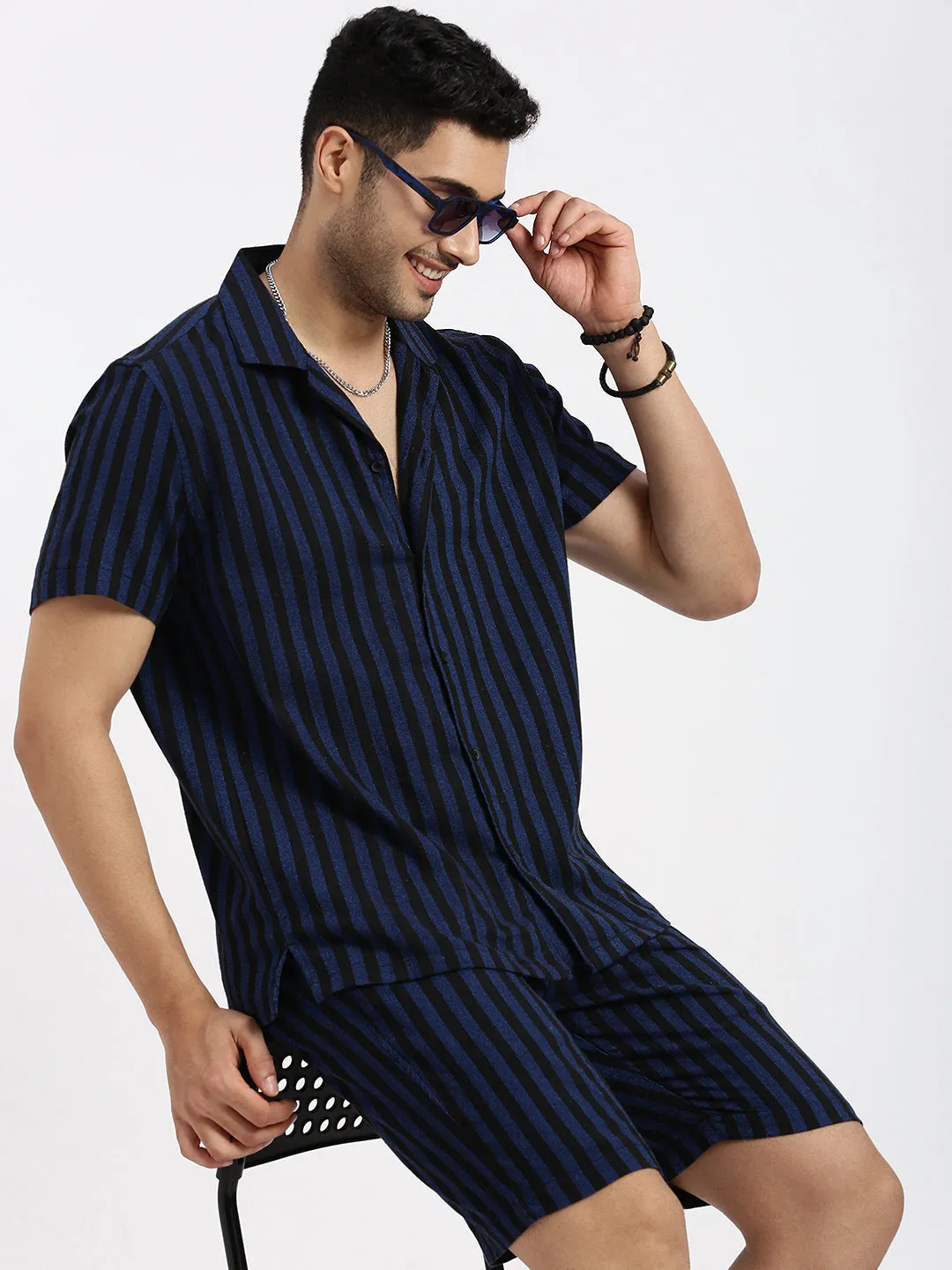 Men Navy Blue Striped Co Ords Set