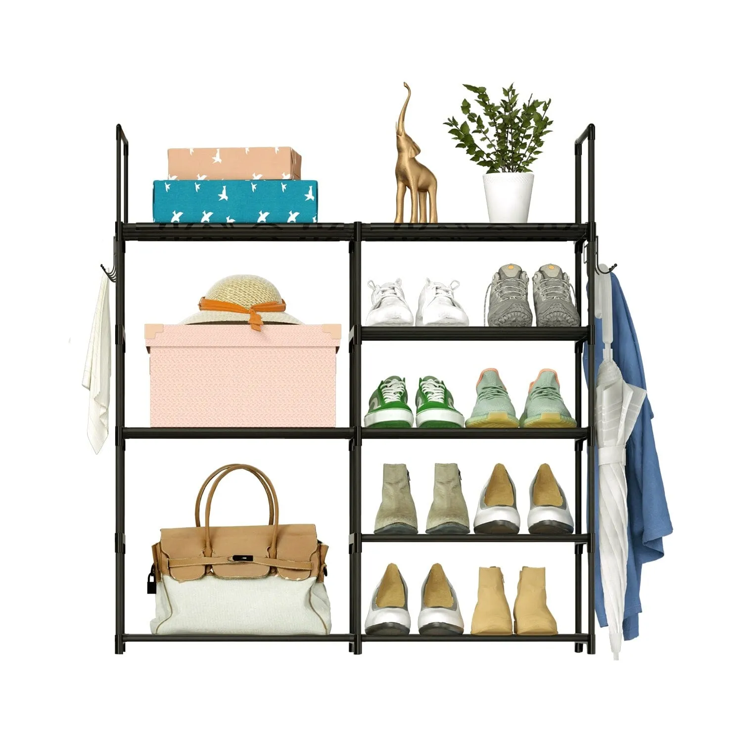 Metal Shoe Storage Shelf Free Standing Shoe Stand with 2 Row Hooks