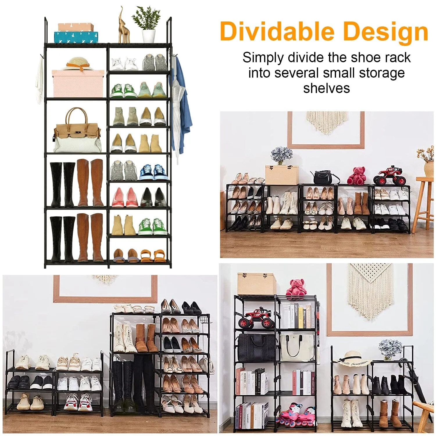 Metal Shoe Storage Shelf Free Standing Shoe Stand with 2 Row Hooks