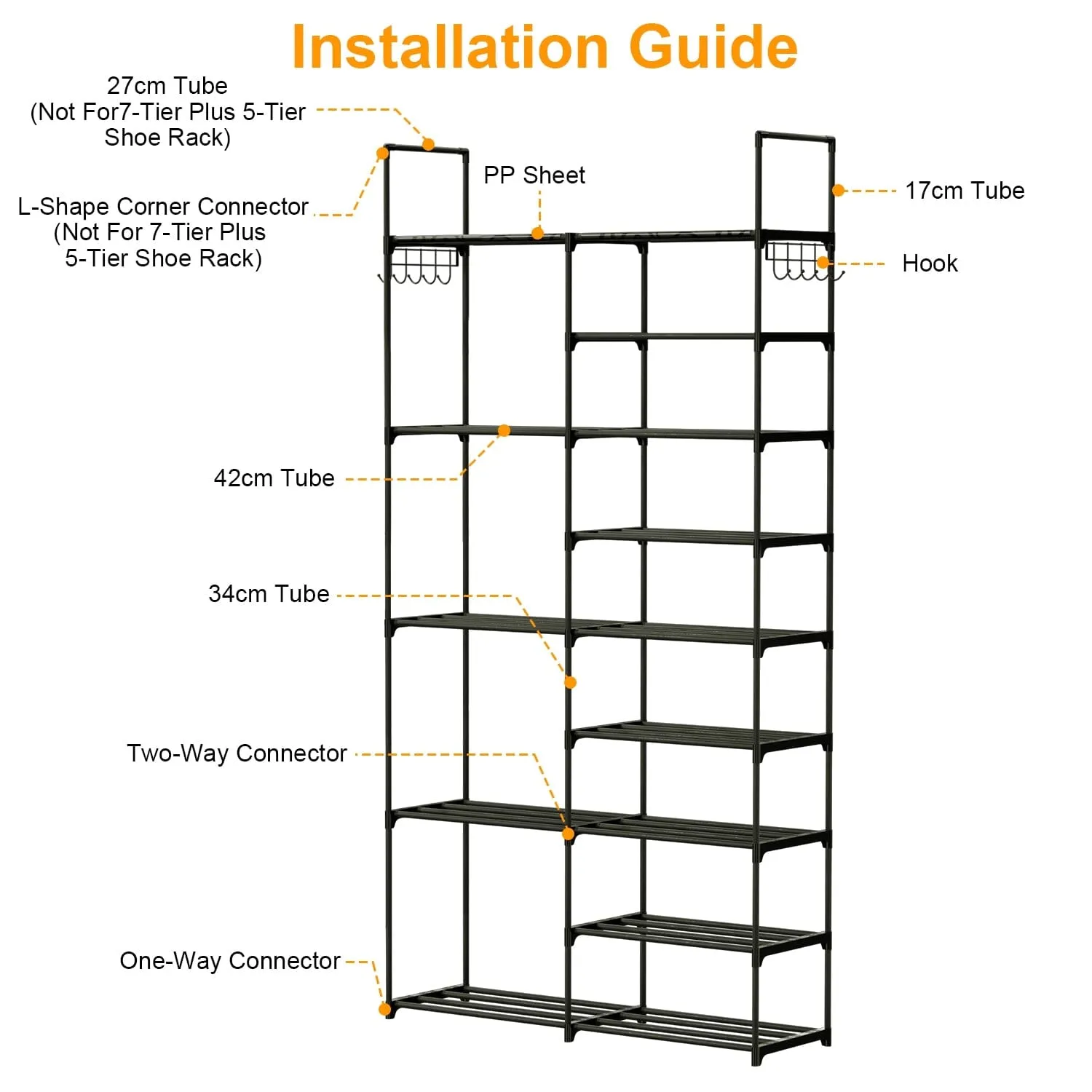 Metal Shoe Storage Shelf Free Standing Shoe Stand with 2 Row Hooks
