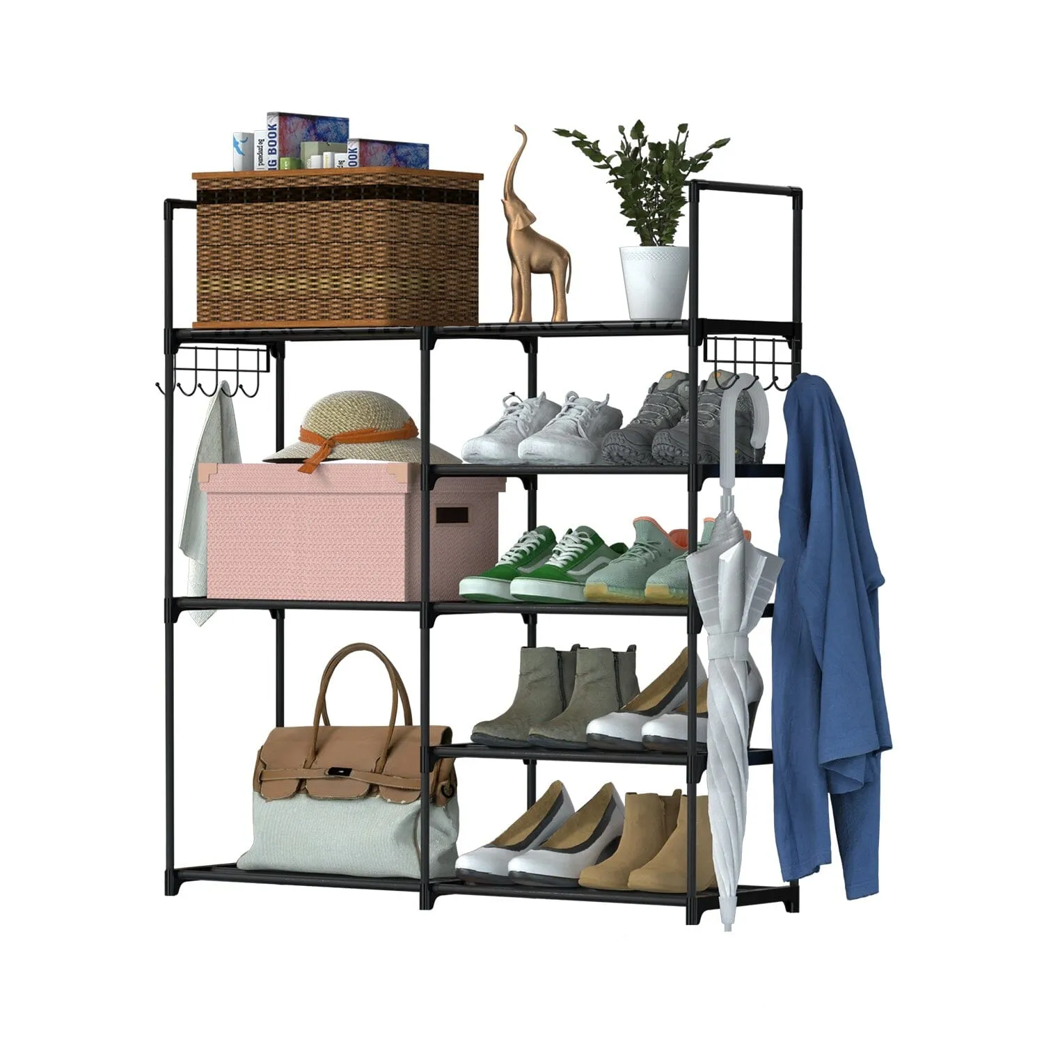 Metal Shoe Storage Shelf Free Standing Shoe Stand with 2 Row Hooks