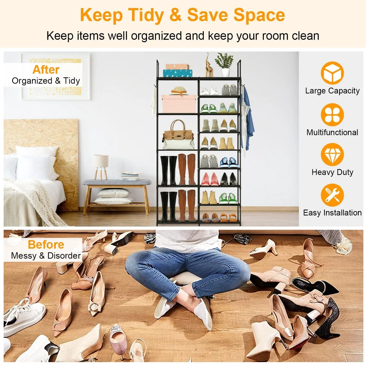 Metal Shoe Storage Shelf Free Standing Shoe Stand with 2 Row Hooks