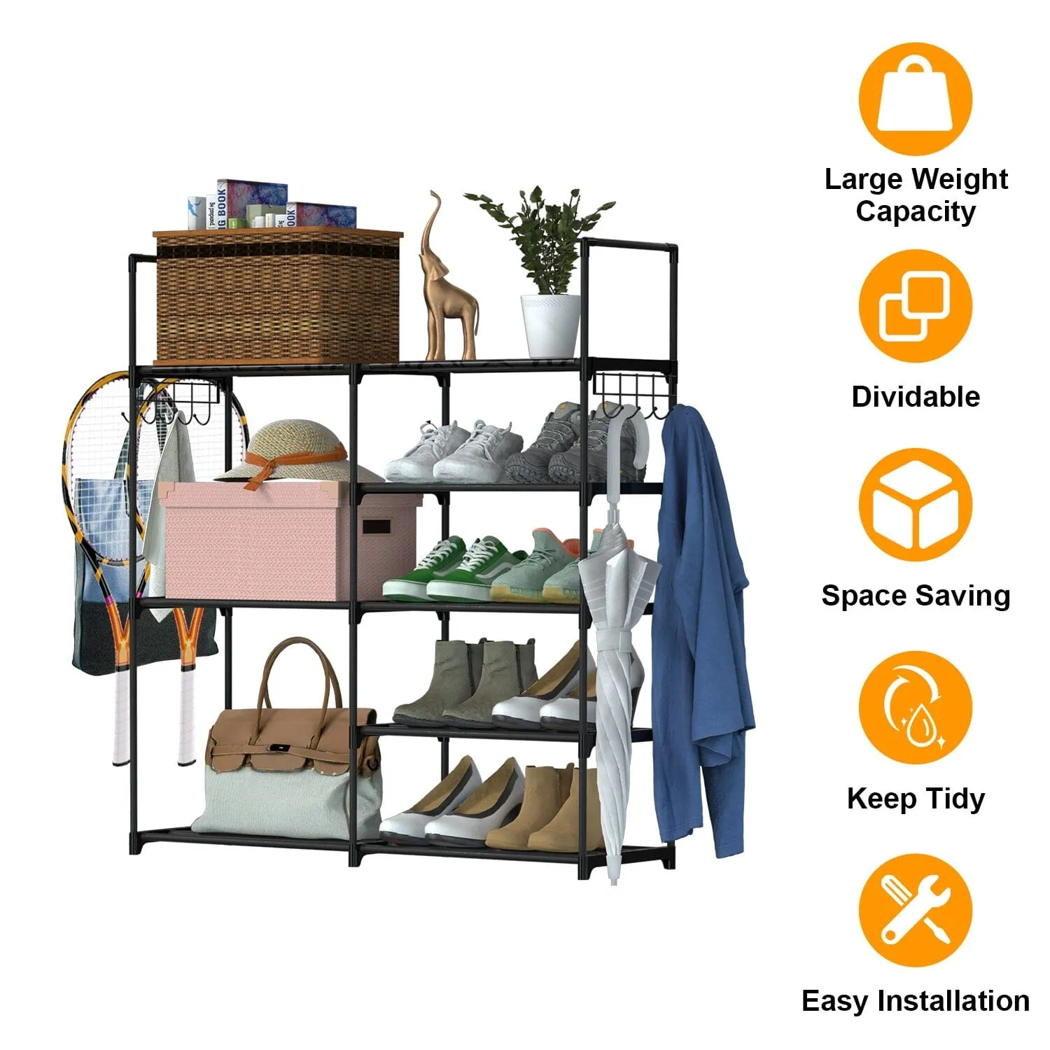 Metal Shoe Storage Shelf Free Standing Shoe Stand with 2 Row Hooks