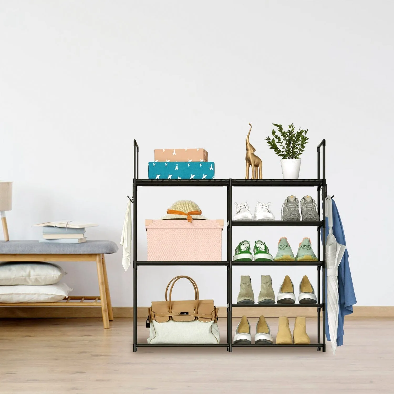 Metal Shoe Storage Shelf Free Standing Shoe Stand with 2 Row Hooks