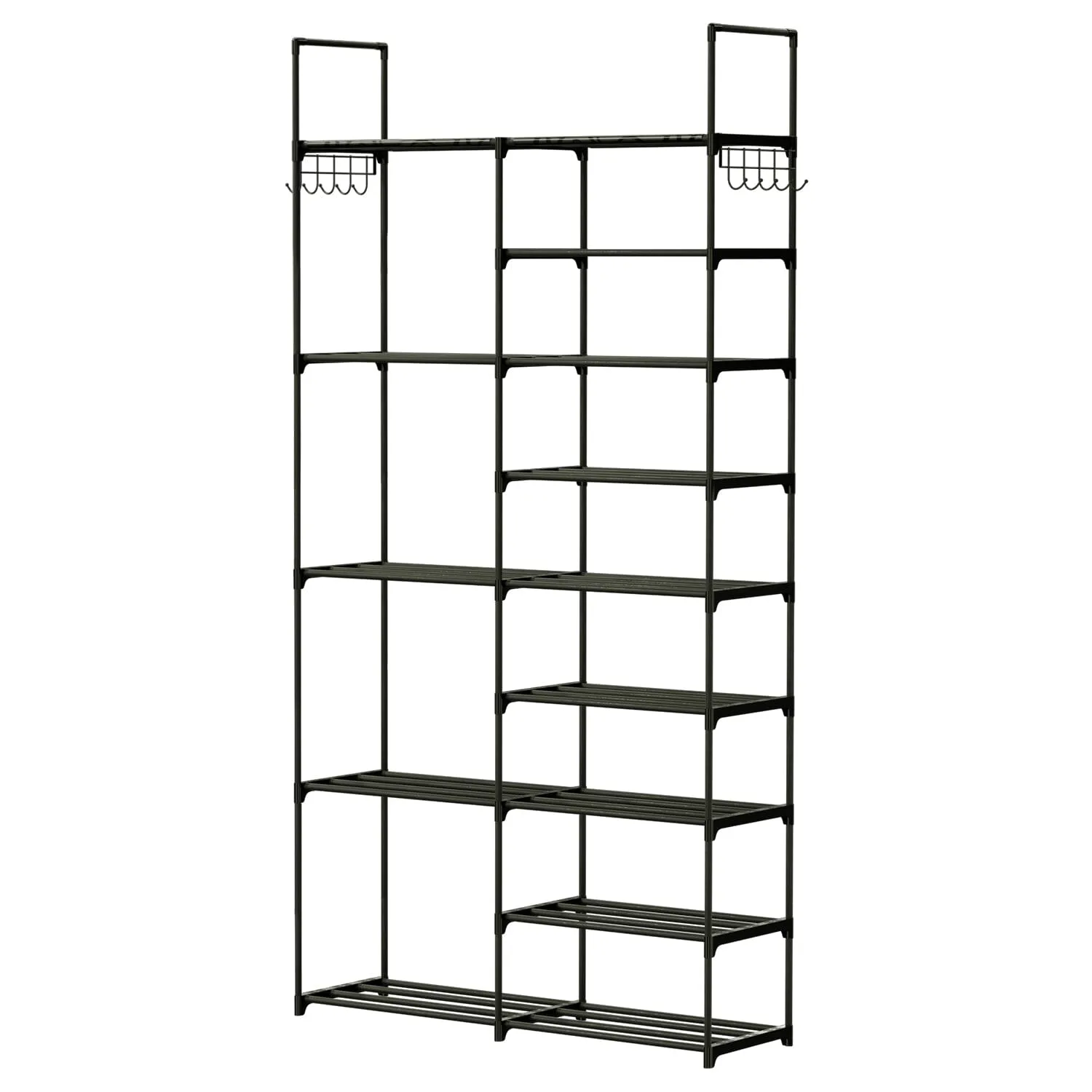 Metal Shoe Storage Shelf Free Standing Shoe Stand with 2 Row Hooks