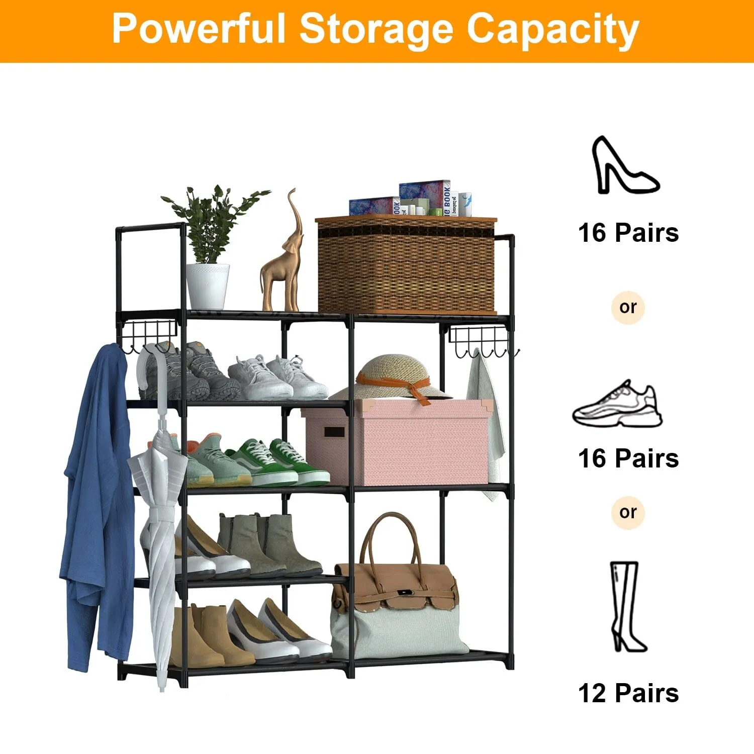 Metal Shoe Storage Shelf Free Standing Shoe Stand with 2 Row Hooks
