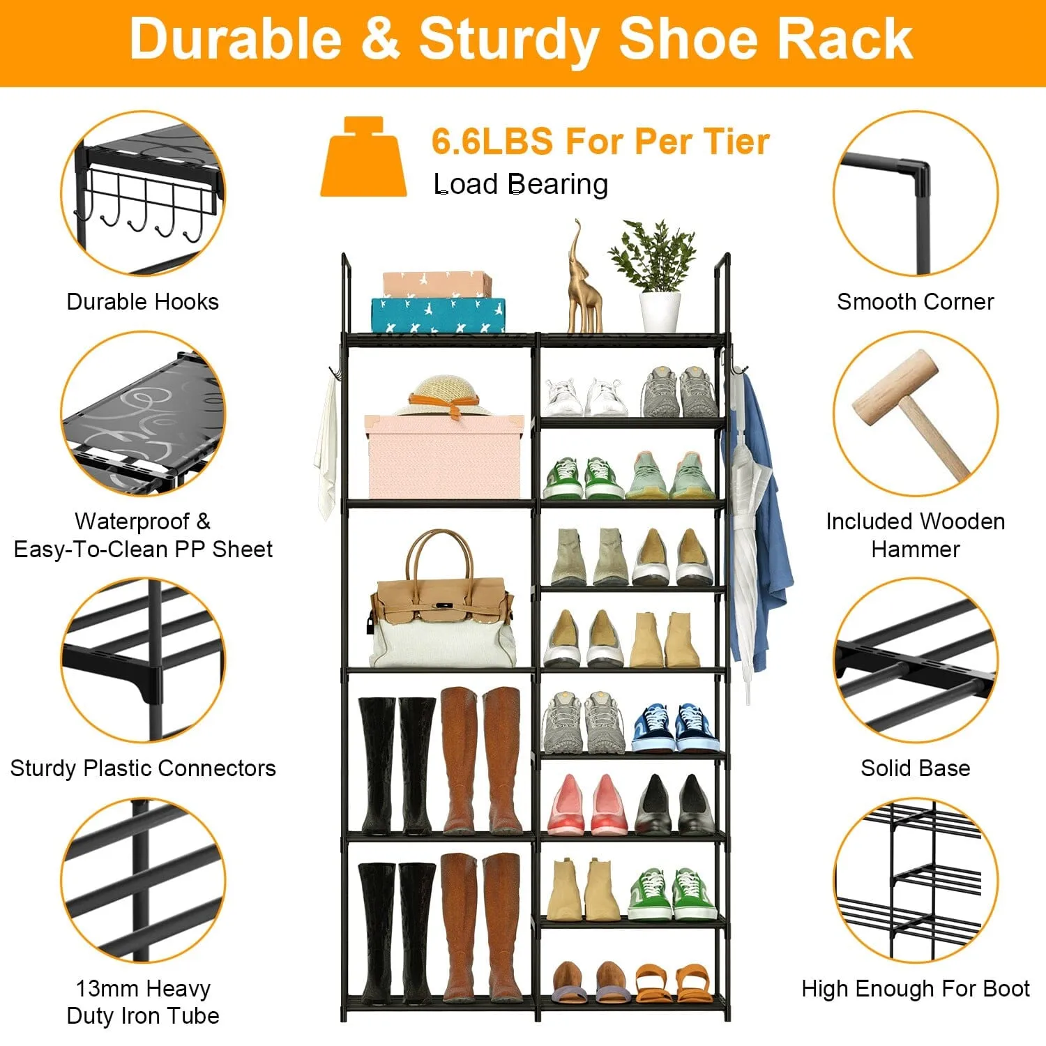 Metal Shoe Storage Shelf Free Standing Shoe Stand with 2 Row Hooks