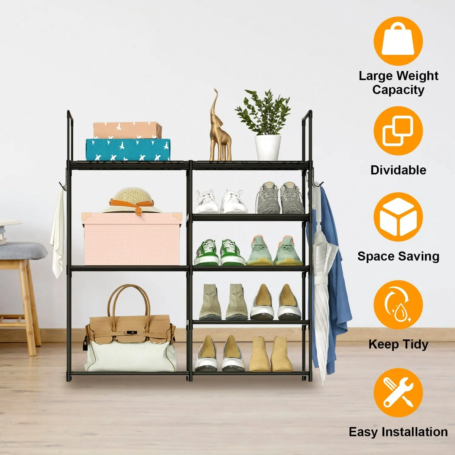 Metal Shoe Storage Shelf Free Standing Shoe Stand with 2 Row Hooks