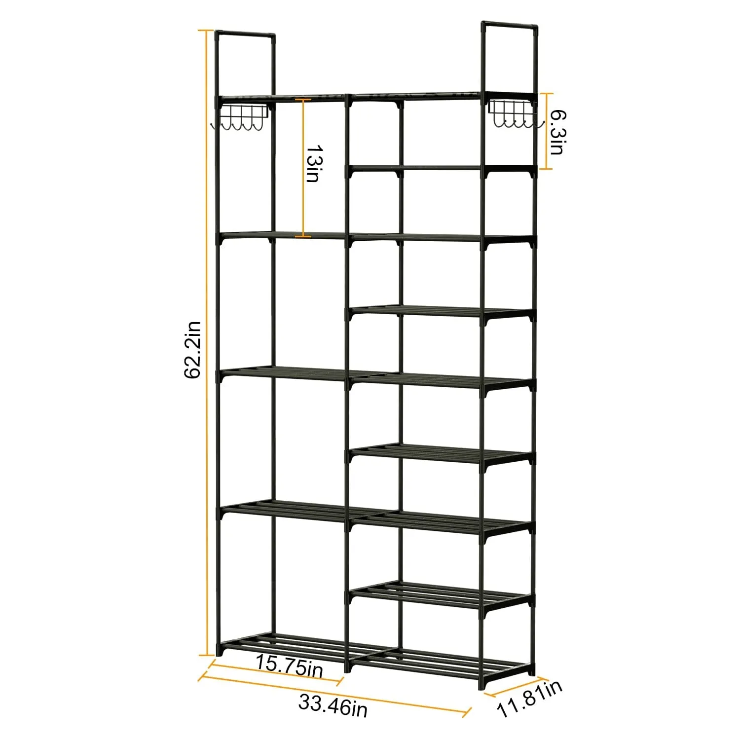 Metal Shoe Storage Shelf Free Standing Shoe Stand with 2 Row Hooks