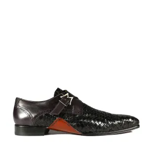 Mezlan S20271 Men's Shoes Black Woven / Calf-Skin Leather Dress Opanka Monk-Straps Loafers (MZS3483)