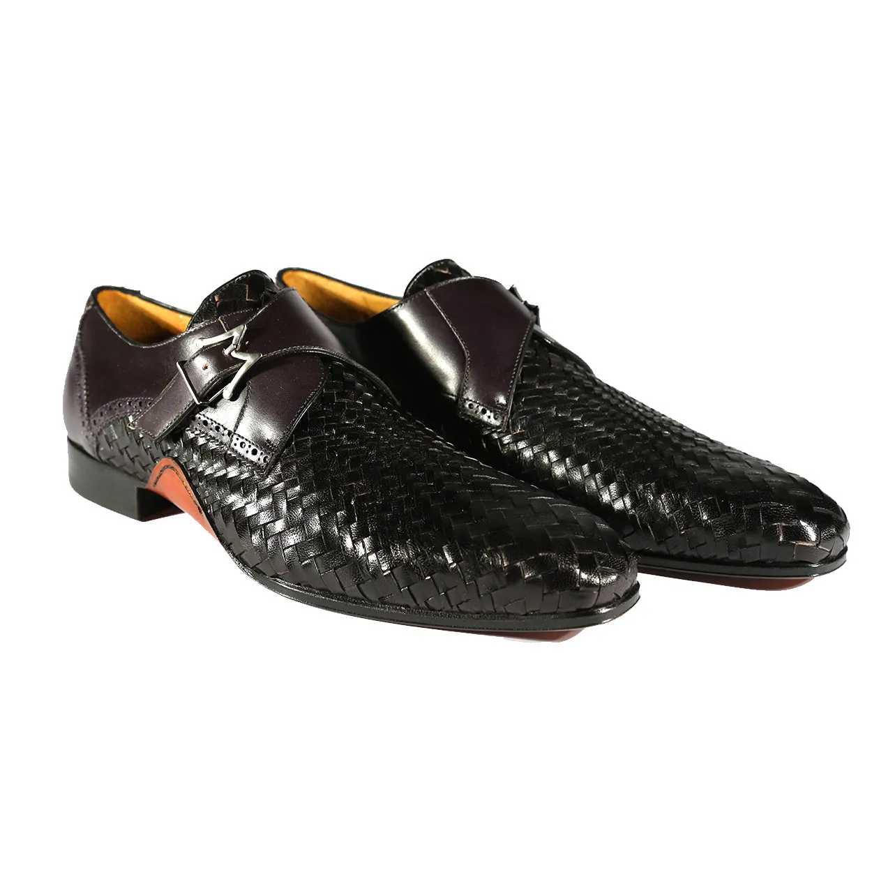Mezlan S20271 Men's Shoes Black Woven / Calf-Skin Leather Dress Opanka Monk-Straps Loafers (MZS3483)