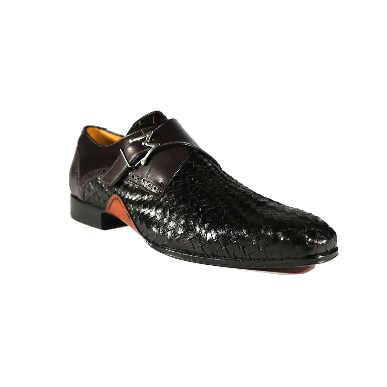 Mezlan S20271 Men's Shoes Black Woven / Calf-Skin Leather Dress Opanka Monk-Straps Loafers (MZS3483)