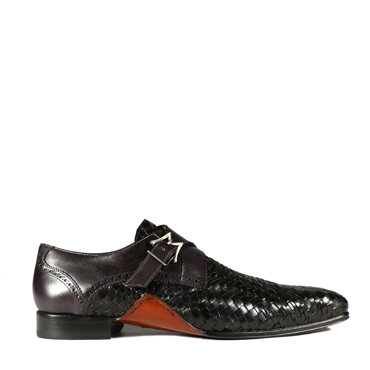 Mezlan S20271 Men's Shoes Black Woven / Calf-Skin Leather Dress Opanka Monk-Straps Loafers (MZS3483)