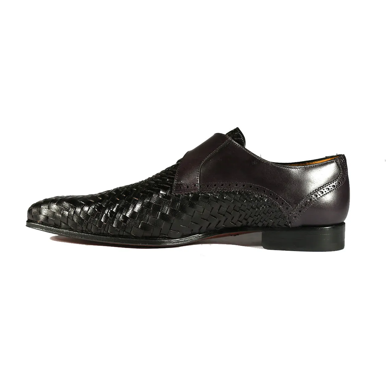 Mezlan S20271 Men's Shoes Black Woven / Calf-Skin Leather Dress Opanka Monk-Straps Loafers (MZS3483)