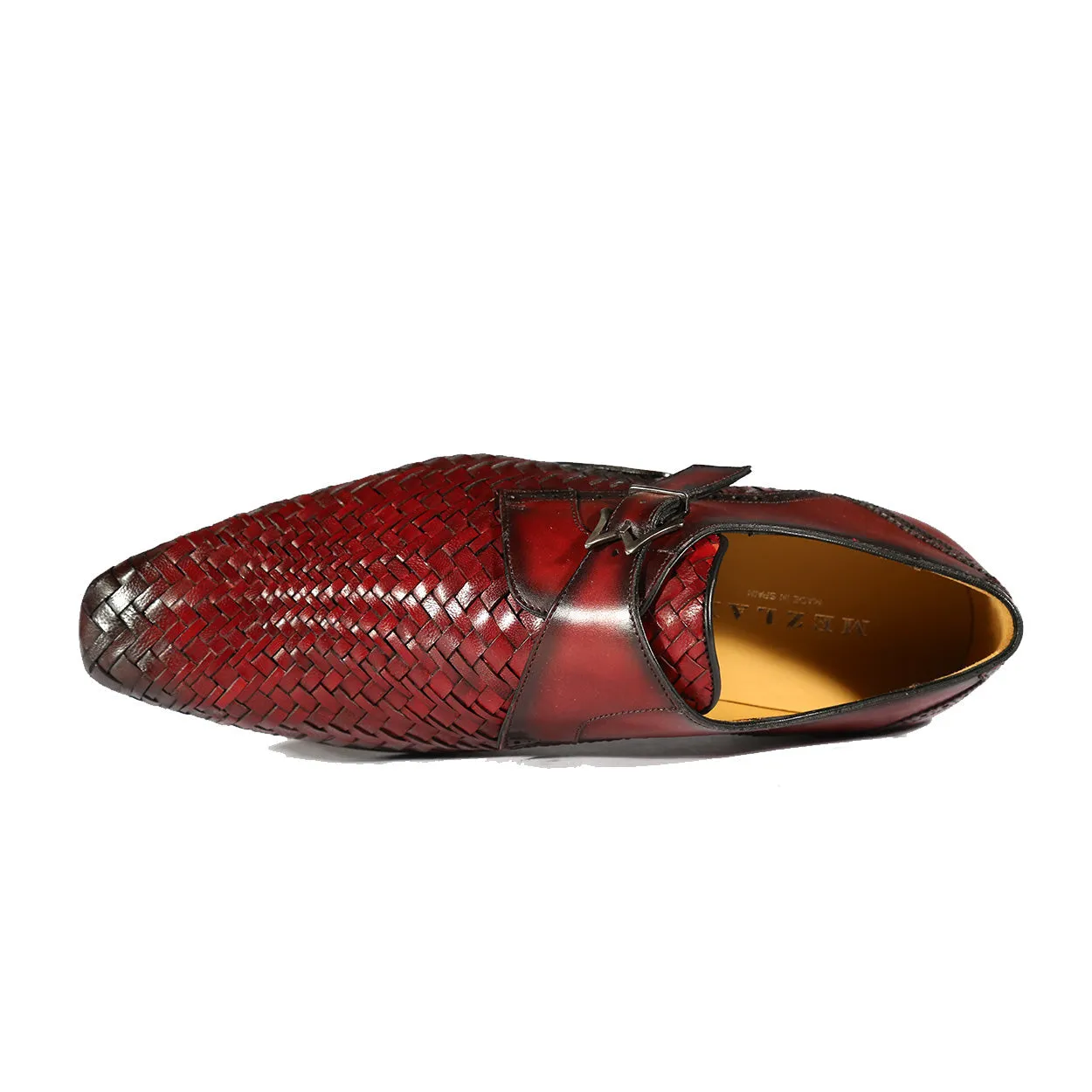 Mezlan S20271 Men's Shoes Burgundy Woven / Calf-Skin Leather Dress Opanka Monk-Straps Loafers (MZS3484)