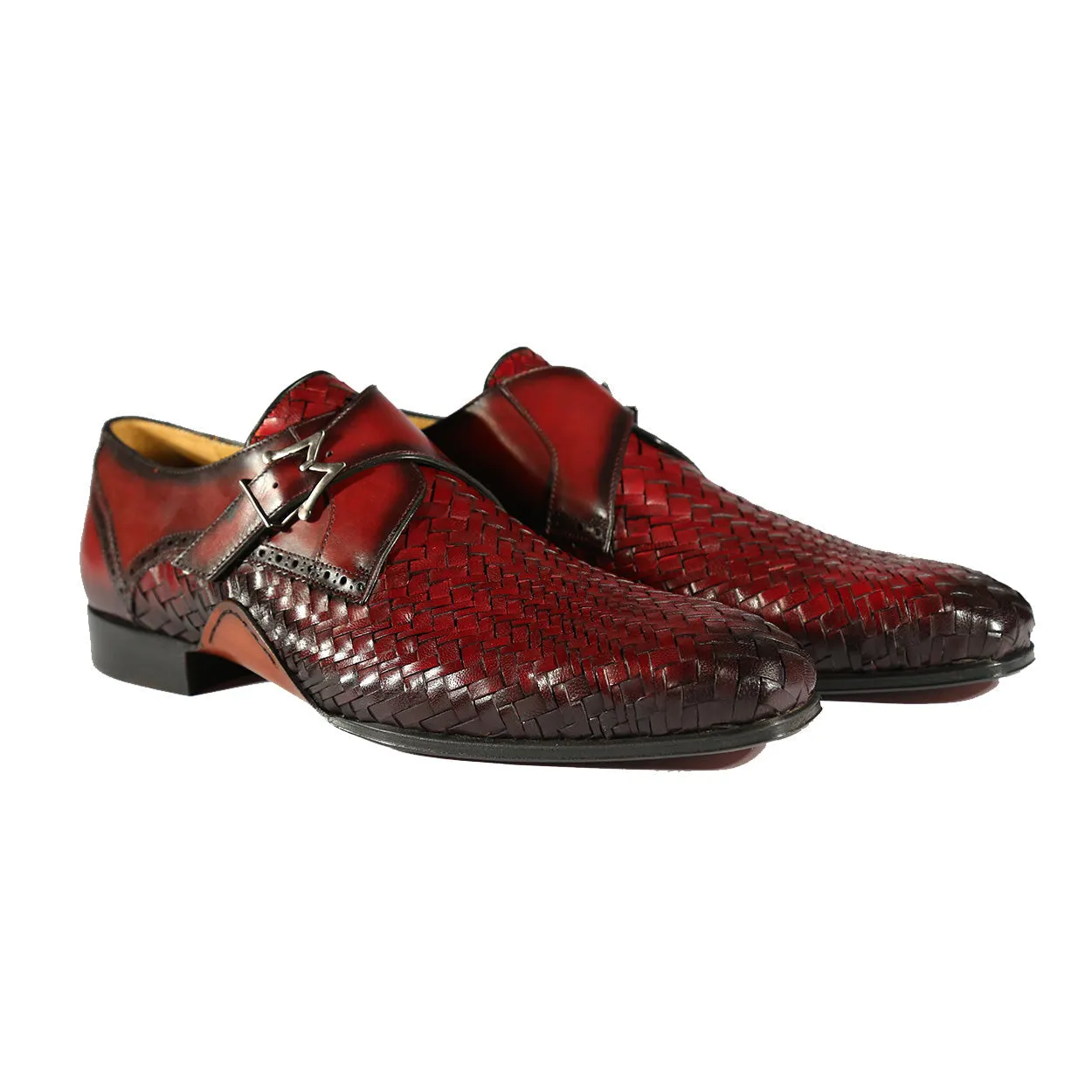 Mezlan S20271 Men's Shoes Burgundy Woven / Calf-Skin Leather Dress Opanka Monk-Straps Loafers (MZS3484)