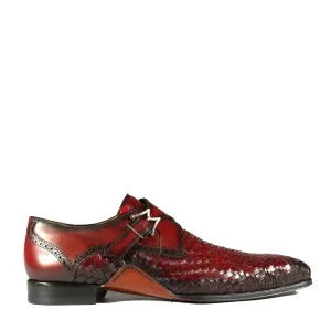 Mezlan S20271 Men's Shoes Burgundy Woven / Calf-Skin Leather Dress Opanka Monk-Straps Loafers (MZS3484)