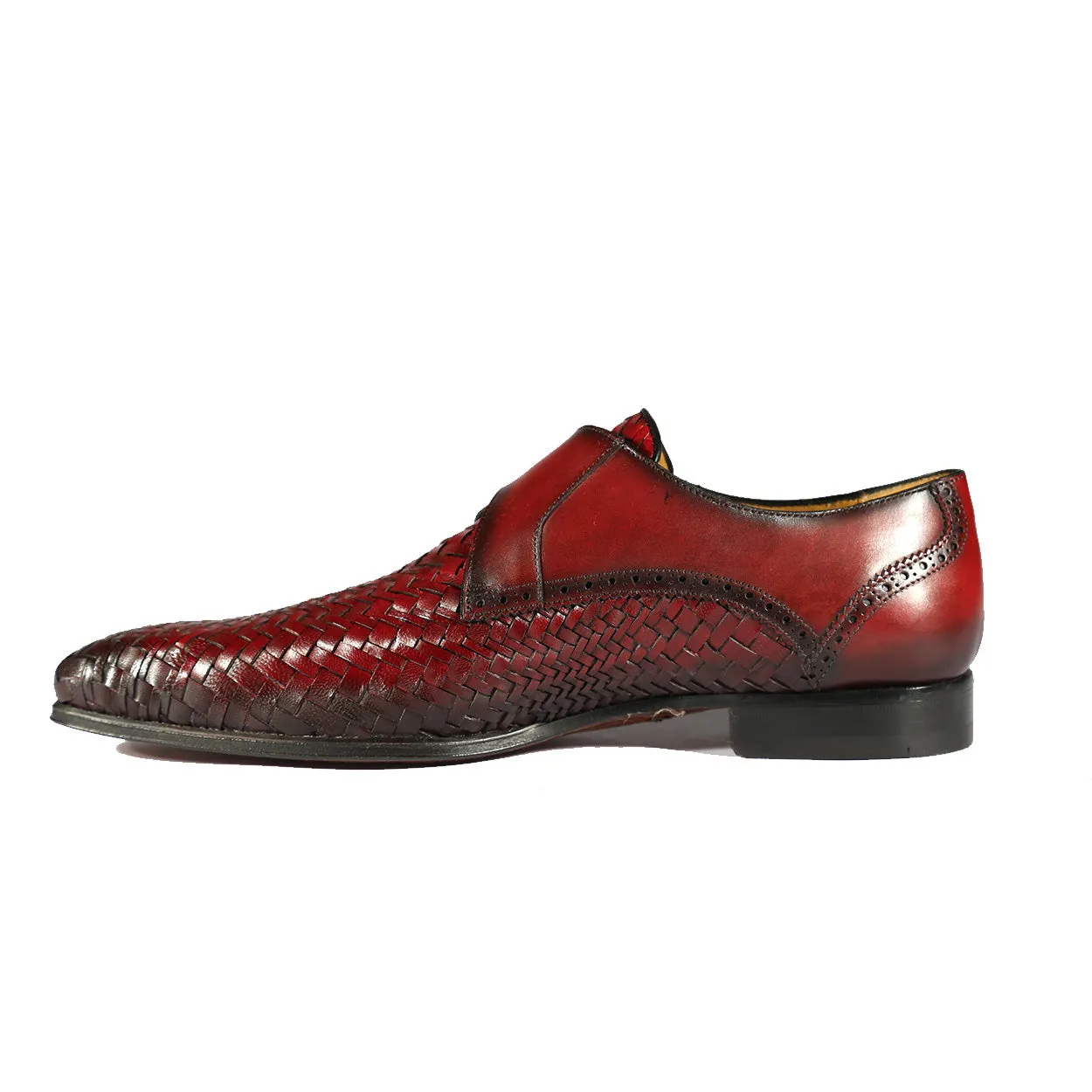 Mezlan S20271 Men's Shoes Burgundy Woven / Calf-Skin Leather Dress Opanka Monk-Straps Loafers (MZS3484)
