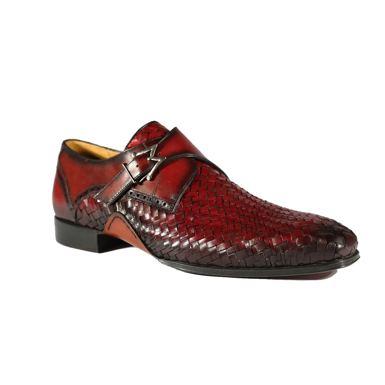 Mezlan S20271 Men's Shoes Burgundy Woven / Calf-Skin Leather Dress Opanka Monk-Straps Loafers (MZS3484)