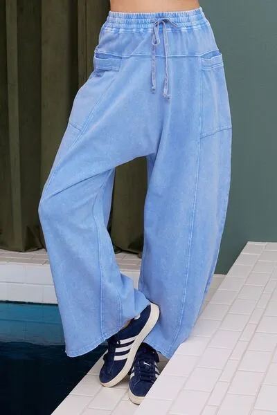 Mineral Wash Elastic Waist Baarrel Leg Baggy Pants