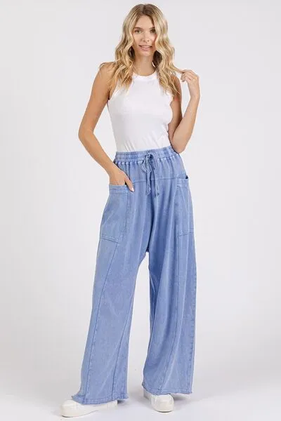 Mineral Wash Elastic Waist Baarrel Leg Baggy Pants