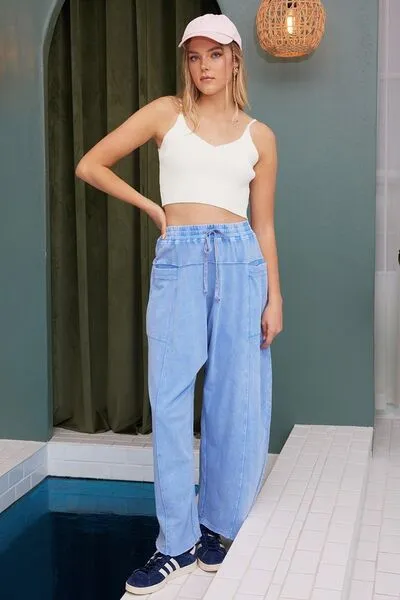 Mineral Wash Elastic Waist Baarrel Leg Baggy Pants