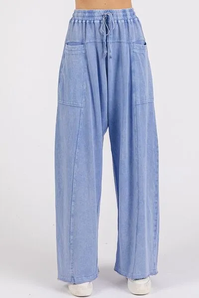 Mineral Wash Elastic Waist Baarrel Leg Baggy Pants