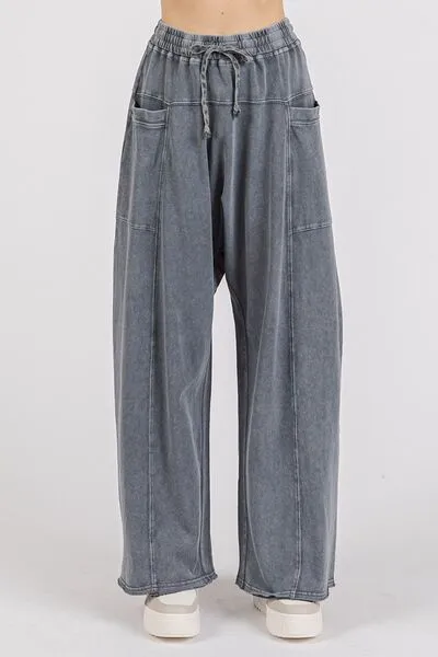 Mineral Wash Elastic Waist Barrel Leg Baggy Pants (Online Only/Ships from USA)
