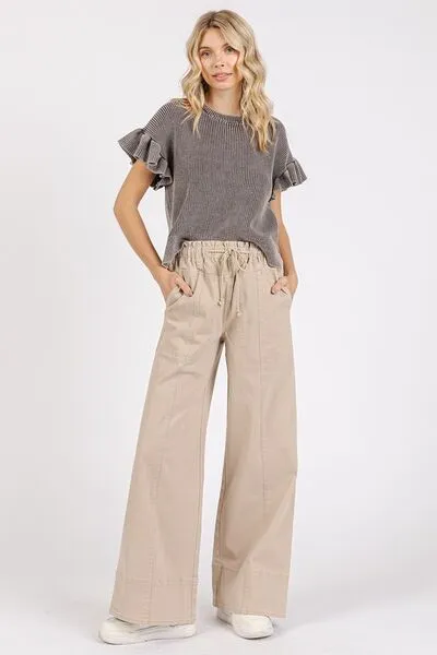 Mineral Wash Elastic Wide Leg Pants