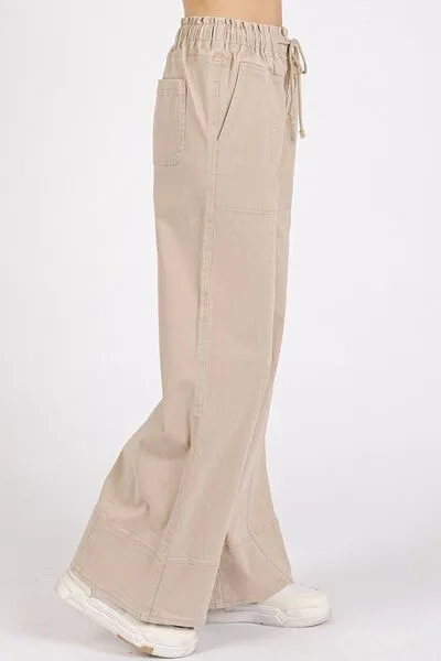 Mineral Wash Elastic Wide Leg Pants