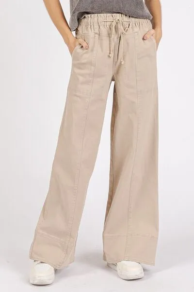 Mineral Wash Elastic Wide Leg Pants