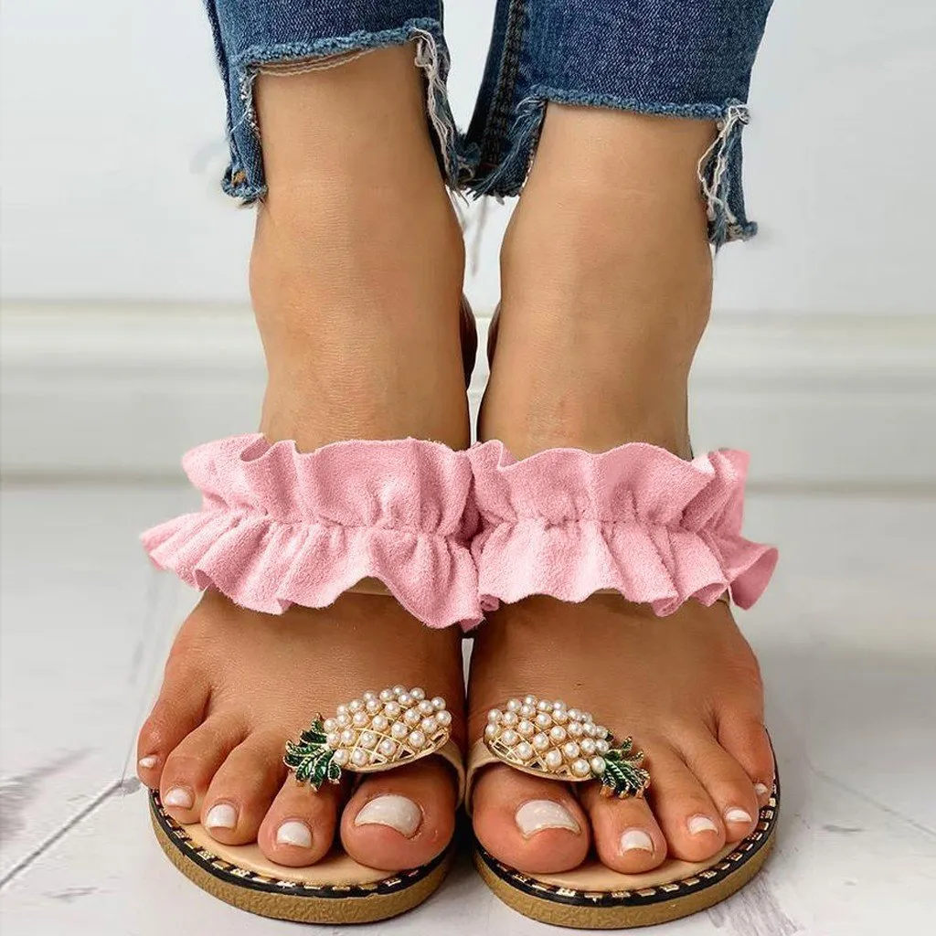 Pineapple Rhinestone sandals women wear flat bottomed women's shoes