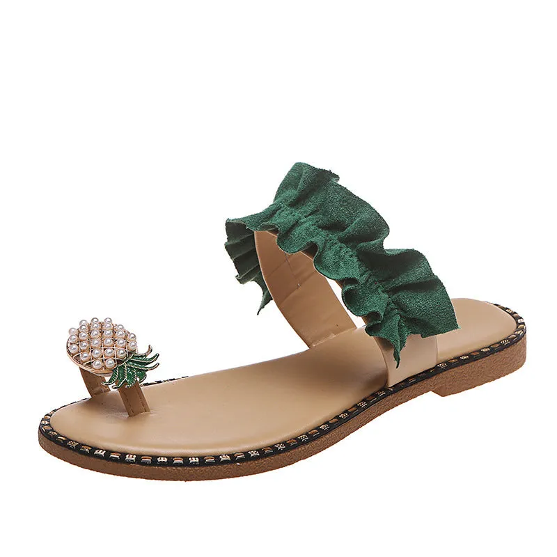 Pineapple Rhinestone sandals women wear flat bottomed women's shoes