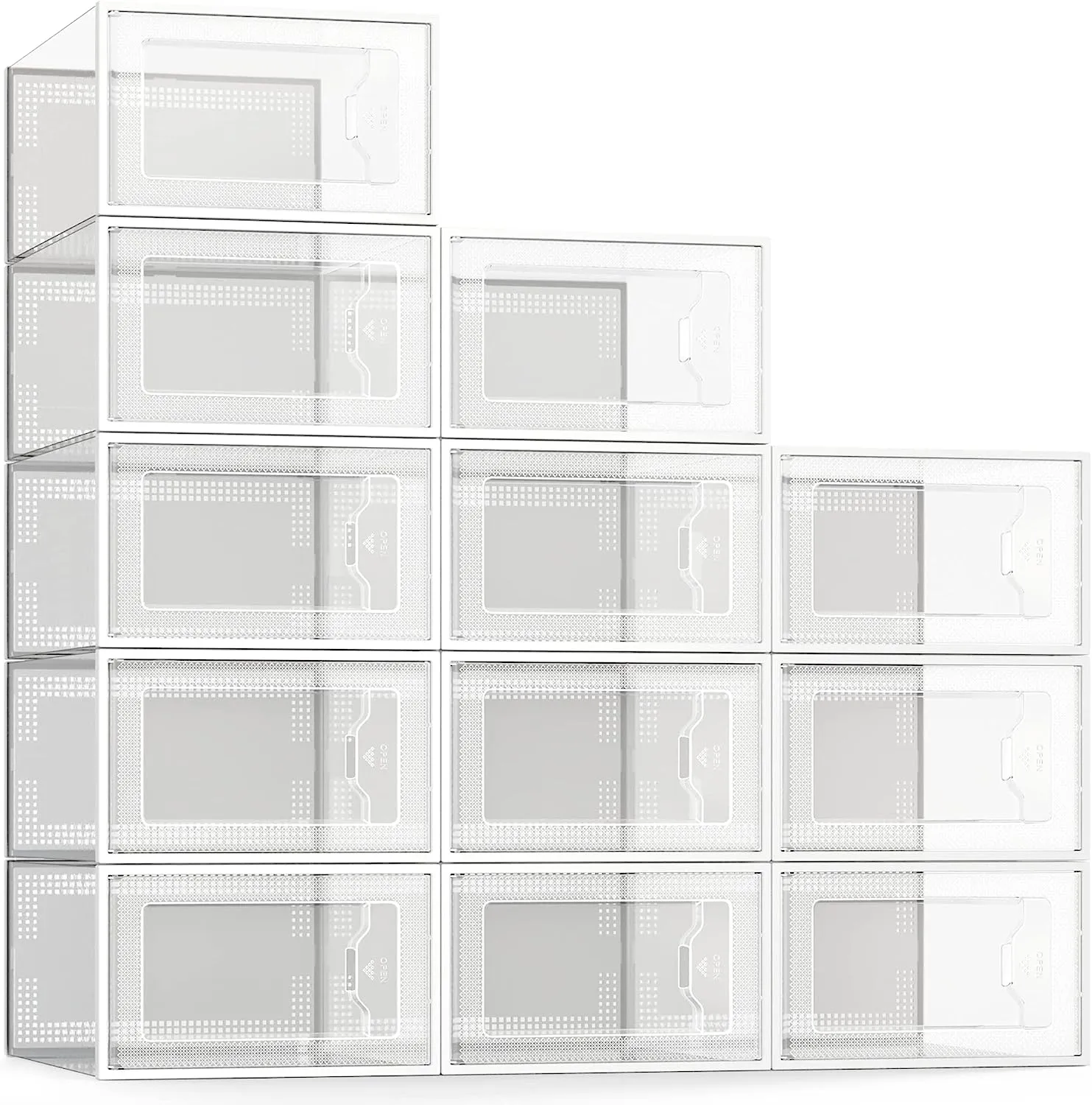 SEE SPRING Large 12 Pack Shoe Storage Box, Clear Plastic Stackable Shoe Organizer for Closet, Space Saving Foldable Shoe Rack Sneaker Container Bin Holder