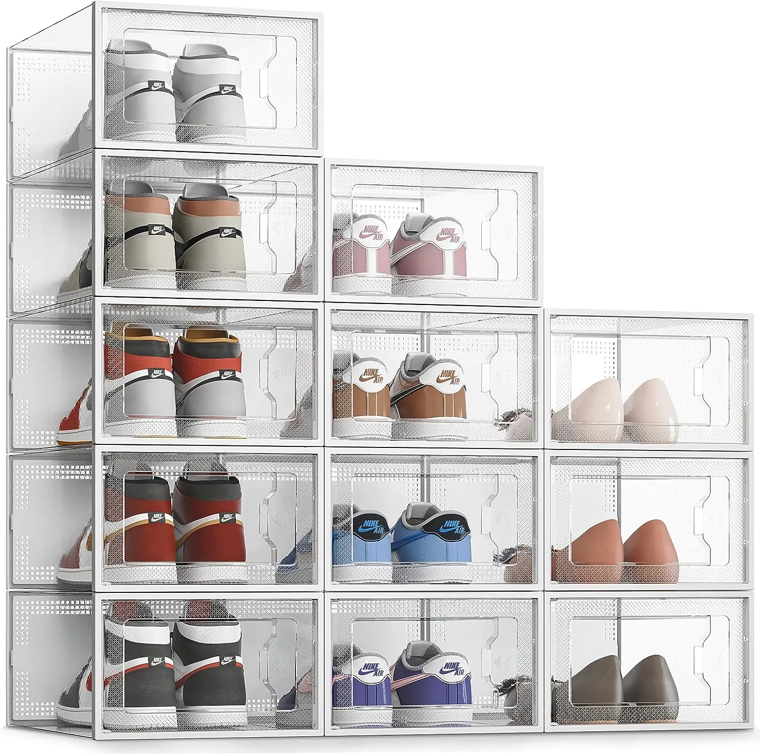 SEE SPRING Large 12 Pack Shoe Storage Box, Clear Plastic Stackable Shoe Organizer for Closet, Space Saving Foldable Shoe Rack Sneaker Container Bin Holder