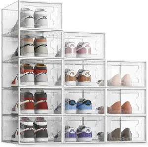 SEE SPRING Large 12 Pack Shoe Storage Box, Clear Plastic Stackable Shoe Organizer for Closet, Space Saving Foldable Shoe Rack Sneaker Container Bin Holder
