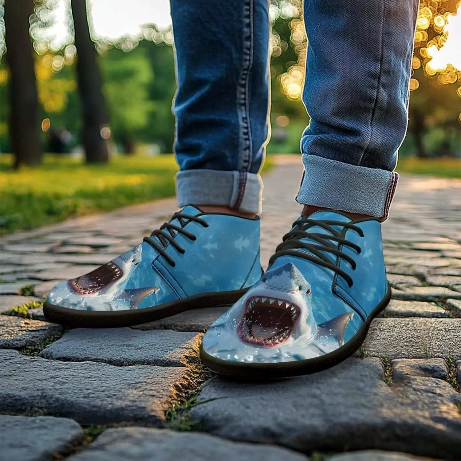 Sharks Design Zero Drop Barefoot Shoes - PU Leather Running Shoes, Grounded Footwear for Men