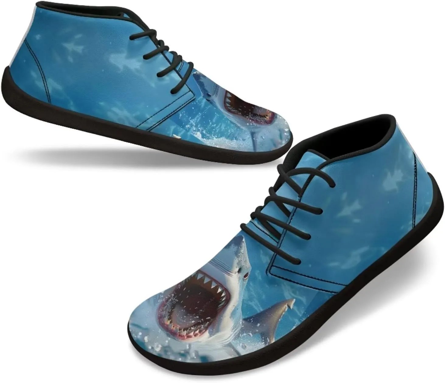 Sharks Design Zero Drop Barefoot Shoes - PU Leather Running Shoes, Grounded Footwear for Men