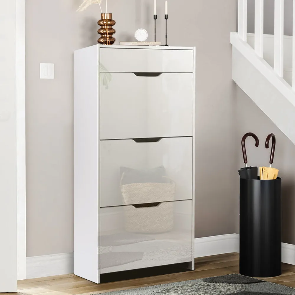 Shoe Cabinet 3-Tier High Gloss Shoes Storage Drawer Rack Shelf - White