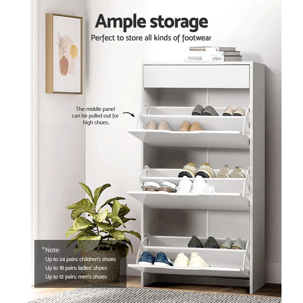 Shoe Cabinet 3-Tier High Gloss Shoes Storage Drawer Rack Shelf - White