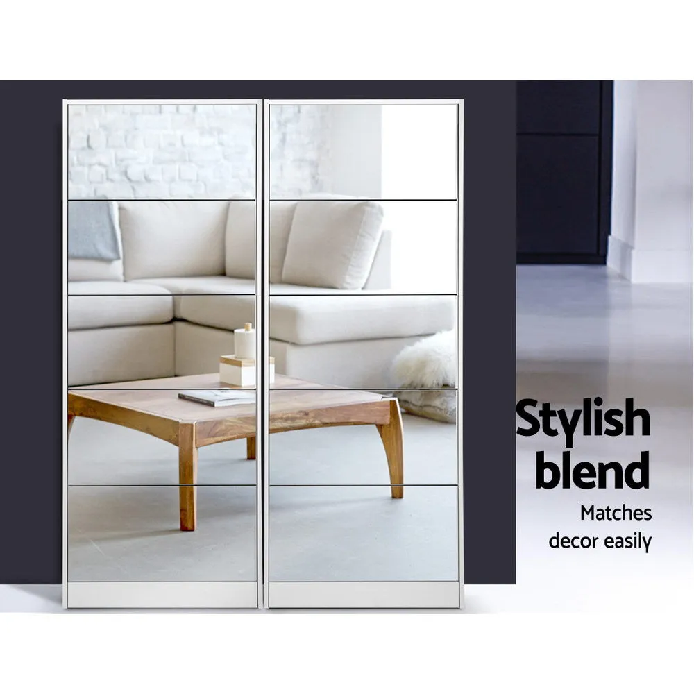 Shoe Cabinet 5 Drawer Mirrored Wooden - White